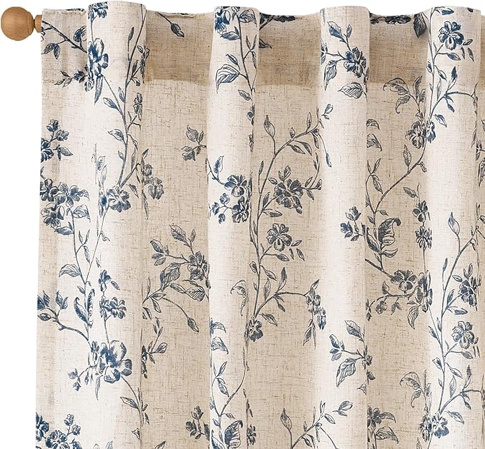 Lazzzy Blue Floral Linen Curtains 96 Inch Farmhouse Back Tab Drapes for Living Room Bedroom Light Filtering Vintage Grandmillennial Rod Pocket Curtains, 2 Panels, W38 x L96, Blue on Beige