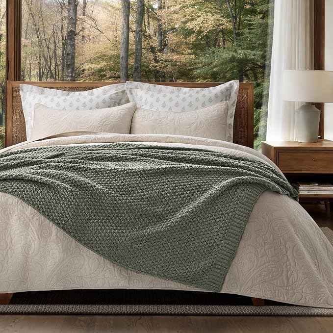 EVERGRACEHOME Chunky Chenille Knit Throw Blanket for Couch, Soft Luxurious Moss Stitch Blankets for Bed, Cozy Decorative Farmhouse Knitted Throws for Sofa, Dried Thyme Green, 60" x 80"
