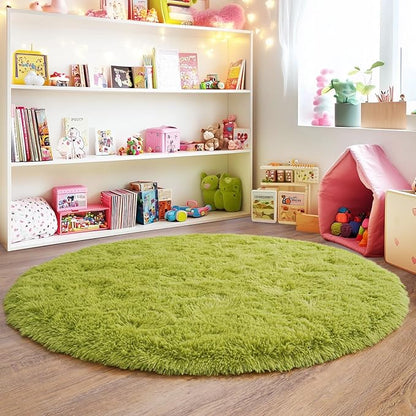 5'x5' Grass Green Round Rug for Bedroom, Ultra Soft Fluffy Circle Rug for Kids Girls Boys Room, Cute Shag Rugs for Living Room Playroom Tent Castle Home Decor Rug