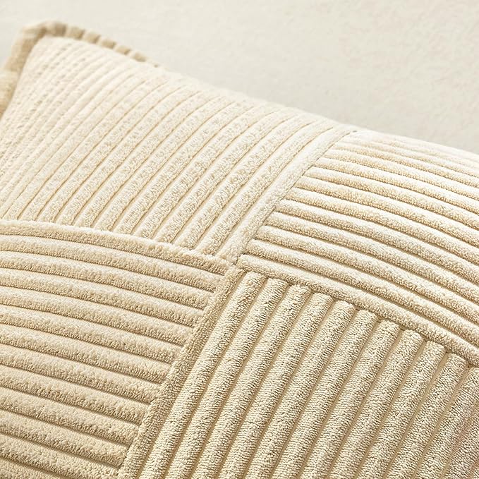 MIULEE Cream Corduroy Decorative Euro Sham Pillow Covers 24x24 Inch with Splicing Set of 2 Soft Boho Pillow Covers Broadside Textured Pillowcases for Couch Bed Livingroom