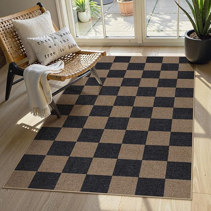 Lahome Colette Checkered Easy Jute 3x5 Rug, Washable Rugs for Living Room Entryway Farmhouse Non Slip Black Outdoor Carpet, Checkerboard Indoor Door Mat for Entry Patio Deck