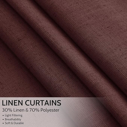 Nanspring Reddish Brown Linen Blend Light Filtering Back Tab Curtains 108 Inches Long, Semi Sheer Privacy Drapes for Living Room & Bedroom, 52x108 inch, 2 Panels