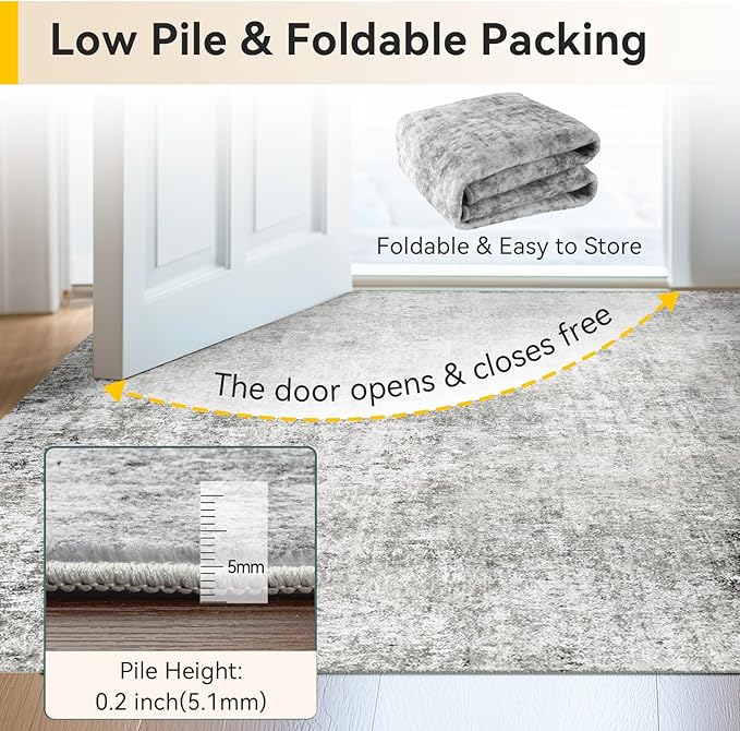 Washable Area Rugs 8ft Non-Slip Modern Abstract Soft for Living Room Entryway Bedroom Nursery, Print Pattern, Gray White Grey