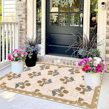 3x5 Floral Entry Rug - Small Washable Indoor Outdoor Mats for Front Door Non-Slip Porch Rug Beige Vintage Farmhouse Throw Rugs for Living Room Bedroom Entryway Kitchen Office Porch Decor