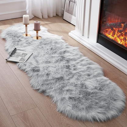 Faux Fur Rug for Bedroom, Gray Fluffy Rug Soft Sheepskin Runner Rug Sofa Couch Seat Cushion, 2x6ft Grey Plush Area Shag Rugs Floor Carpets for Nursery Bedside, Cute Shaggy Fuzzy Home Decor