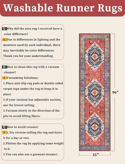 SERISSA Runner Rug for Hallways, 2'6"x8' Washable Non Slip Boho Kitchen Runner Rug, Vintage Rust Ultra Soft Print Distressed Tribal Floor Carpet for Bedroom Bathroom Laundry Room