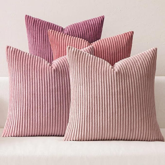 MIULEE Pack of 4 Purple Pink Valentines Corduroy Decorative Throw Pillow Covers 18x18 Inch Soft Boho Striped Pillow Covers Modern Farmhouse Spring Home Decor for Sofa Living Room Couch Bed