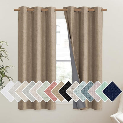 NICETOWN Burlap Vintage Open Linen Weave Flax Thermal Curtains, 100% Blackout Curtains 63" Long for Dining Room, Soundproof Window Treatment Drapes for Gym Room, 42" Wide Per Panel, Set of 2