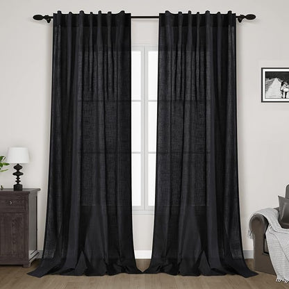 Linen Black Curtains 135 inch Extra Long for Living Room Back Tab Light Filtering Semi Sheer Drapes Modern Farmhouse Coastal Decor Cotton Textured Curtain for Floor to Ceiling High Window 52x135