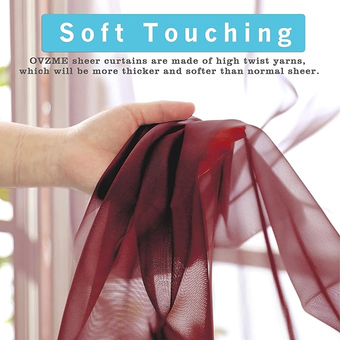 OVZME Burgundy Sheer Curtains 84 inch Length 2 Panels Set, Light Filtering Sheer Privacy Curtain Drapes, Rod Pocket Window Treatments Voile Curtains for Living Room Bedroom, 42" W x 84" L