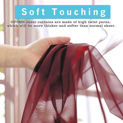 OVZME Burgundy Sheer Curtains 84 inch Length 2 Panels Set, Light Filtering Sheer Privacy Curtain Drapes, Rod Pocket Window Treatments Voile Curtains for Living Room Bedroom, 42" W x 84" L