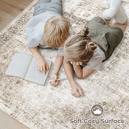 Area Rug 6x9 Washable Rug, Vintage Boho Medallion Rugs Non-Slip Soft Low Pile Large Distressed Rug Indoor Retro Carpet for Living Room Bedroom Dining Room Home Office (Taupe, 6'x9')