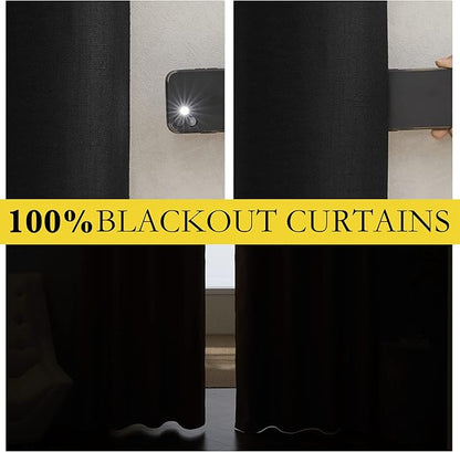 NICETOWN Vintage Open Linen Weave Flax Thermal Curtains, 100% Blackout Curtains 60 inches Long for Dining Room, Soundproof Window Treatment Drapes for Cupboard, Black, 34" Wide Per Panel, Set of 2