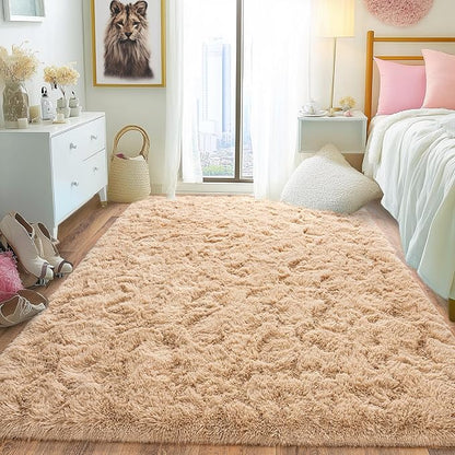 Pionblank Fluffy Area Rug for Bedroom 4x6 Feet, Indoor Plush Carpet, Shag Soft Bedside Rug, Cute Comfy Furry Rug for Living Room Dorm Girls Boys Room Nursery Decor, Camel