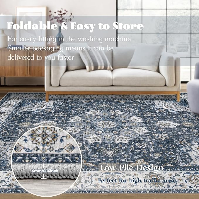 Area Rug 8x10 Washable Rug, Vintage Boho Medallion Rugs Non-Slip Soft Low Pile Large Distressed Rug Indoor Retro Carpet for Living Room Bedroom Dining Room Home Office (Vintage Blue, 8'x10')