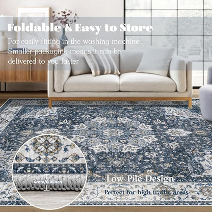 Area Rug 8x10 Washable Rug, Vintage Boho Medallion Rugs Non-Slip Soft Low Pile Large Distressed Rug Indoor Retro Carpet for Living Room Bedroom Dining Room Home Office (Vintage Blue, 8'x10')