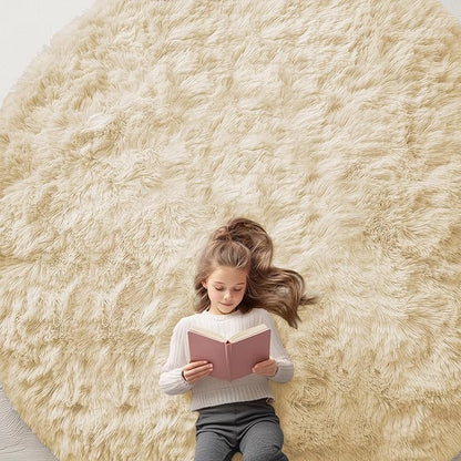 OLANLY Cream Round Rugs for Bedroom - Machine Washable, 9 ft Circle Area Rugs for Living Room, Soft and Fluffy Shaggy Carpet for Teen Girl and Boys, Nursery Rooms, Dorms, Home Decor Aesthetic