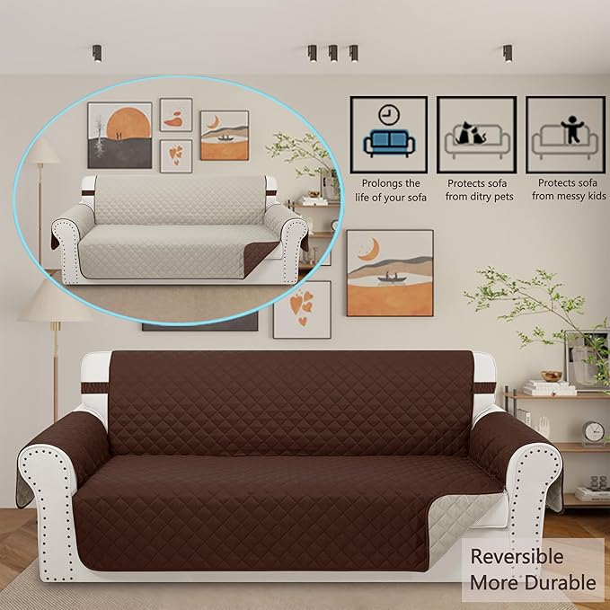 Reversible Oversized Sofa Covers Couch Cover Furniture Protector for Dogs Elastic Straps Water Resistant(XLSofa,Brown/Beige)