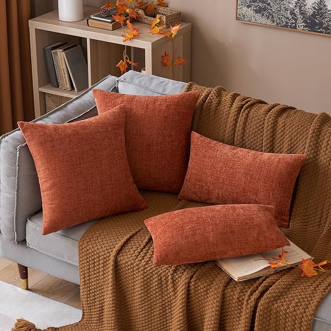 MIULEE Pack of 2 Couch Throw Pillow Covers 20x20 Inch Soft Burnt Orange Chenille Pillow Covers for Sofa Living Room Solid Dyed Pillow Cases