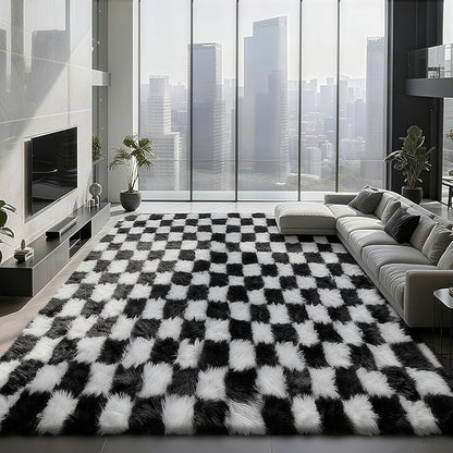 Checkered Area Rugs for Bedroom Living Room,8x10 Black and White Fluffy Soft Checkered Rug Fuzzy Shag Shaggy Carpet, Indoor Plush Floor Rugs for Kids Boys Girls Teen Dorm Nursery Home Decor