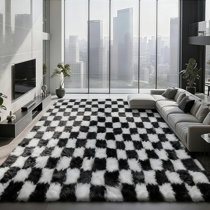 Large Area Rugs for Living Room Bedroom,9x12 Black and White Fluffy Soft Checkered Rug Fuzzy Shag Shaggy Carpet, Indoor Plush Floor Rugs for Kids Boys Girls Teen Dorm Nursery Home Decor