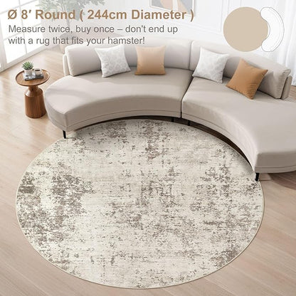 UERMEI 8ft Round Area Rug Living Room Rugs - 8x8 Washable Neutral Modern Abstract Soft Thin Rug Indoor Floor No Slip Rug Carpet for Bedroom Under Dining Table Home Office Decor - Golden Grey