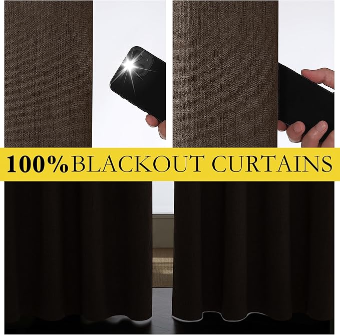 NICETOWN Coffee Vintage Linen 100% Blackout Curtains for Living Room, Thermal Insulated Curtains 90" Long, Noise Reducing Window Treatment Drapes for Home Office, 62" Wide Per Panel, Set of 2