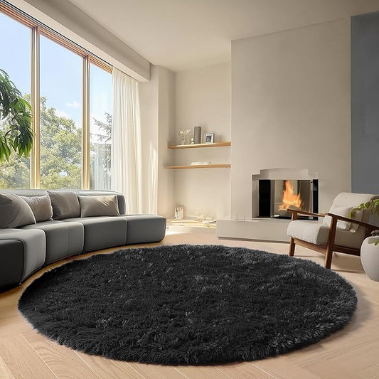 ONASAR Black Round Rugs 7ft for Living Room, Fluffy Bedroom Circle Area Rug, Soft Plush Shaggy Carpet for Kids Girls Boys Teen Nursery Dorm Classroom Playroom Home Decor Aesthetic