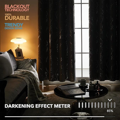 Deconovo Grey Blackout Curtains for Living Room, Thermal Insulated Soundproof Drapes, Branch Foil Print, 52 x 108 Inch Long, 2 Panels, Machine‑Washable Privacy Window Panel for Bedroom Sliding Door