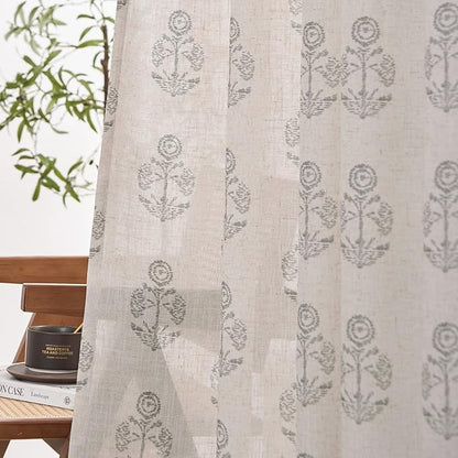 jinchan Linen Floral Curtains for Living Room 96 Inch Length Gray Flower Cottage Core Farmhouse Curtains Rod Pocket Back Tab Boho Semi Sheer Window Drapes Bedroom Set 2 Panels Grey on Beige