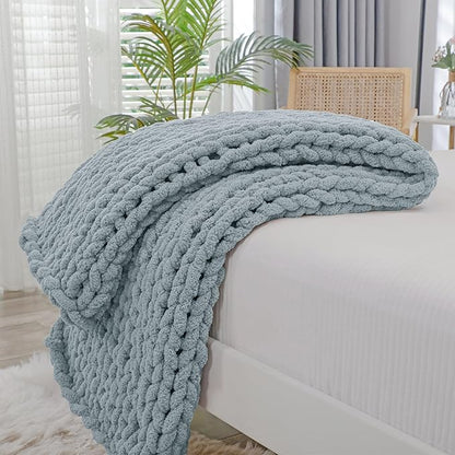 Bigacogo Chunky Knit Throw Blanket for Couch, 40x60 inches, 100% Hand Knitted with Thick Jumbo Chenille Yarn, Cozy Soft Large Rope Knot Cable Crochet Blankets for Sofa Bed Living Room, Dusty Blue