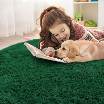 OLANLY Dark Green Round Rugs for Bedroom - Machine Washable, 4 ft Circle Area Rugs for Living Room, Soft and Fluffy Shaggy Carpet for Teen Girls and Boys, Nursery Rooms, Dorms, Home Decor Aesthetic