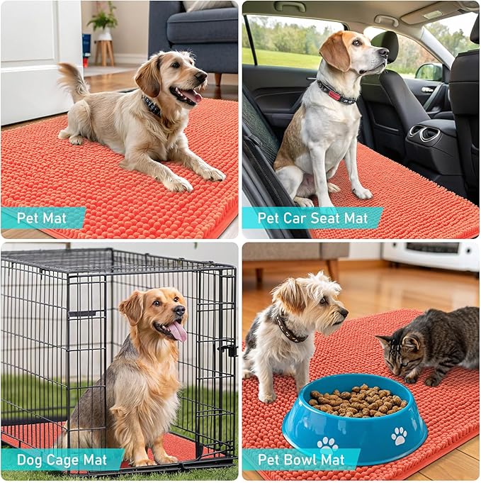 OLANLY Dog Door Mat for Muddy Paws 24x16, Absorbs Moisture and Dirt, Absorbent Non-Slip Washable Doormat, Quick Dry Chenille Mud Mat for Dogs, Entry Indoor Entryway Carpet for Inside Floor, Coral