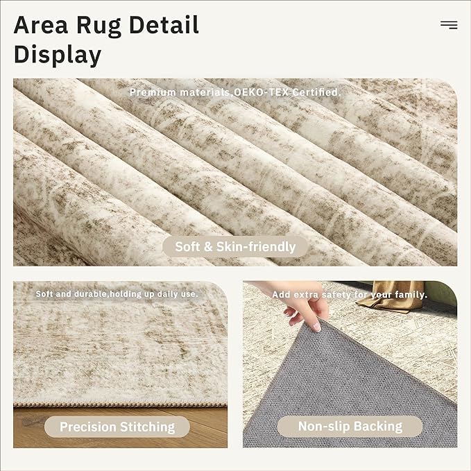 5x7 Area Rugs Brown Low Pile Indoor Washable Trendy Faded Style Floral Rugs for Bedroom Living Room Dining Room Foldable Non-Slip Thin Print Mat