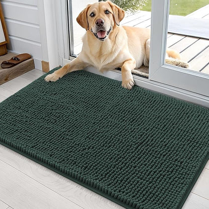 OLANLY Dog Door Mat for Muddy Paws 35x24, Absorbs Moisture and Dirt, Absorbent Non-Slip Washable Doormat, Quick Dry Chenille Mud Mat, Entry Indoor Entryway Carpet for Inside Floor, Blackish Green