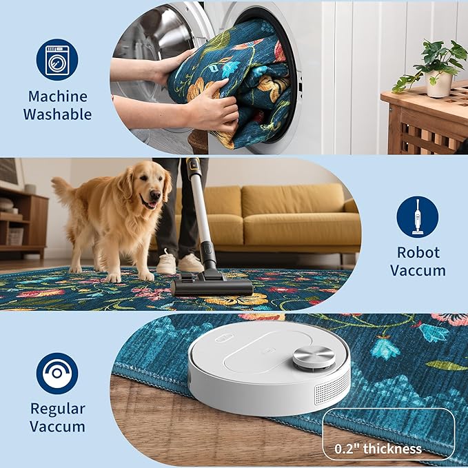 GarveeHome Washable Rug 8x10 Area Rugs for Living Room, Floral Rug for Bedroom, Soft Vintage Non Slip Throw Rugs with Rubber Back, Low Pile Stain Resistant Boho Floral Carpet for Dining Room, Blue