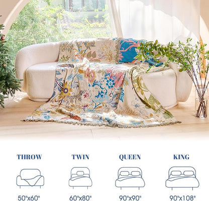 MSGKV Boho Throw Blanket for Couch Cotton Floral Blanket 50"x60" Throws for Sofa Chair Muslin Spring Breathable Lightweight Farmhouse Blankets Home Decor All Seasons