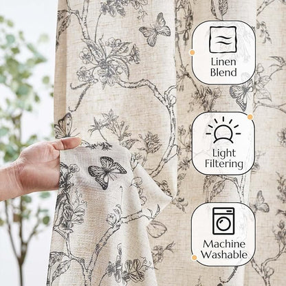 jinchan Floral Curtains Lined Linen Blend Curtain for Living Room 84 Inch Length Black Farmhouse Flower Patterned Curtain French Country Curtains Drapes Back Tab Rod Pocket 2 Panels