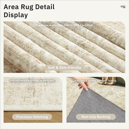 5x7 Area Rugs Beige Low Pile Indoor Washable Trendy Faded Style Floral Rugs for Bedroom Living Room Dining Room Foldable Non-Slip Thin Print Mat