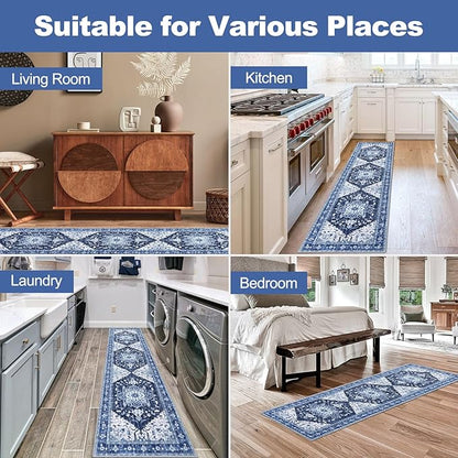Yamaziot Washable Runner Rug, 2x8 Non-Slip Boho Vintage Hallway Rug Runner with Rubber Backing, Stain Resistant & Low Pile Faux Wool Distressed Carpet Runner for Bedroom, Kitchen, Laundry, Entrance