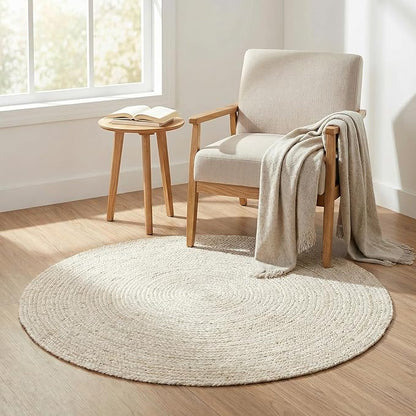 Hausattire Hand Woven Jute Braided Rug, 4’ Round – Off White, Reversible Boho Entry Area Rugs for Kitchen, Living Room, Nursery I Farmhouse Decorative Floor Rug, 4 Feet Round