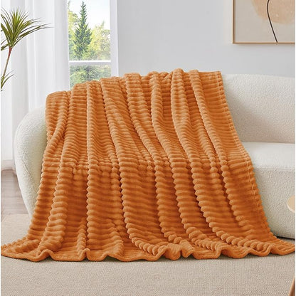 BEDELITE Twin Blanket for Couch & Bed, 300GSM Soft & Warm Fleece Blanket, Decorative and Giftable Striped Burnt Orange Blankets for Women, Men, 60"x80"