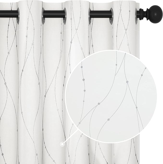 Deconovo White Curtains, Room Darkening Curtain, Thermal Insulated Soundproof Drapes, Wave Dots Silver Print, 52 x 54 Inch Long, Grommet Top, Window Panels for Living Room Bedroom Kitchen, Set of 2