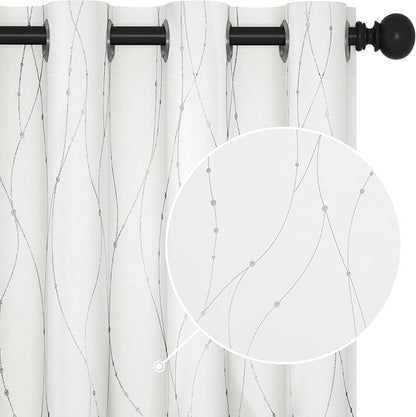 Deconovo White Curtains, Room Darkening Curtain, Thermal Insulated Soundproof Drapes, Wave Dots Silver Print, 52 x 54 Inch Long, Grommet Top, Window Panels for Living Room Bedroom Kitchen, Set of 2