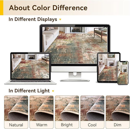 Washable Area Rugs 4ft Non-Slip Modern Abstract Soft for Living Room Entryway Bedroom Nursery, Print Pattern, Brown Rust Red Green Blue Multi