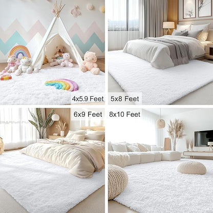 OLANLY 8x12 Machine Washable Large Area Rugs for Living Room, Bedroom, Soft Fluffy Shaggy Bedside Rug, Indoor Floor Carpet for Kids Girls and Boys, Dorms, Nursery, Home Decor Aesthetic, White