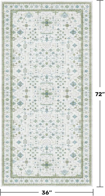 Hazo Haus Blue and Green Washable Rugs 3x6 - Vintage Boho Floral Pastel Cream, Washable Low Pile Non Slip Small Throw Accent Area Rug for Entry Way, Laudry Room, Kitchen, Bedroom Beside Bed Decor