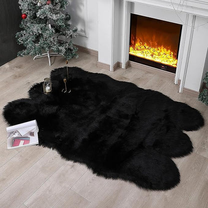 linmopm Faux Fur Rug Sheepskin Shag Fluffy Fuzzy Black 4x6 ft Rugs for Bedroom Bedside Bed Floor Living Room Plush High-Density Cushion Carpet Super Sofa Cover
