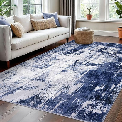 KOZYFLY Modern Abstract Area Rugs 5x7 Navy Blue Machine Washable Thin Rug for Bedroom Non-Slip Living Room Rug, Faux Wool Soft Low Pile Office Carpet for Dining Room, Bedroom, Kitchen