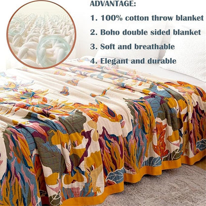 MSGKV Boho Throw Blanket for Couch and Sofa 50"x60" Cotton Throw Cover for Living Room with Floral and Butterfly, Spring Breathable&Lightweight Blanket